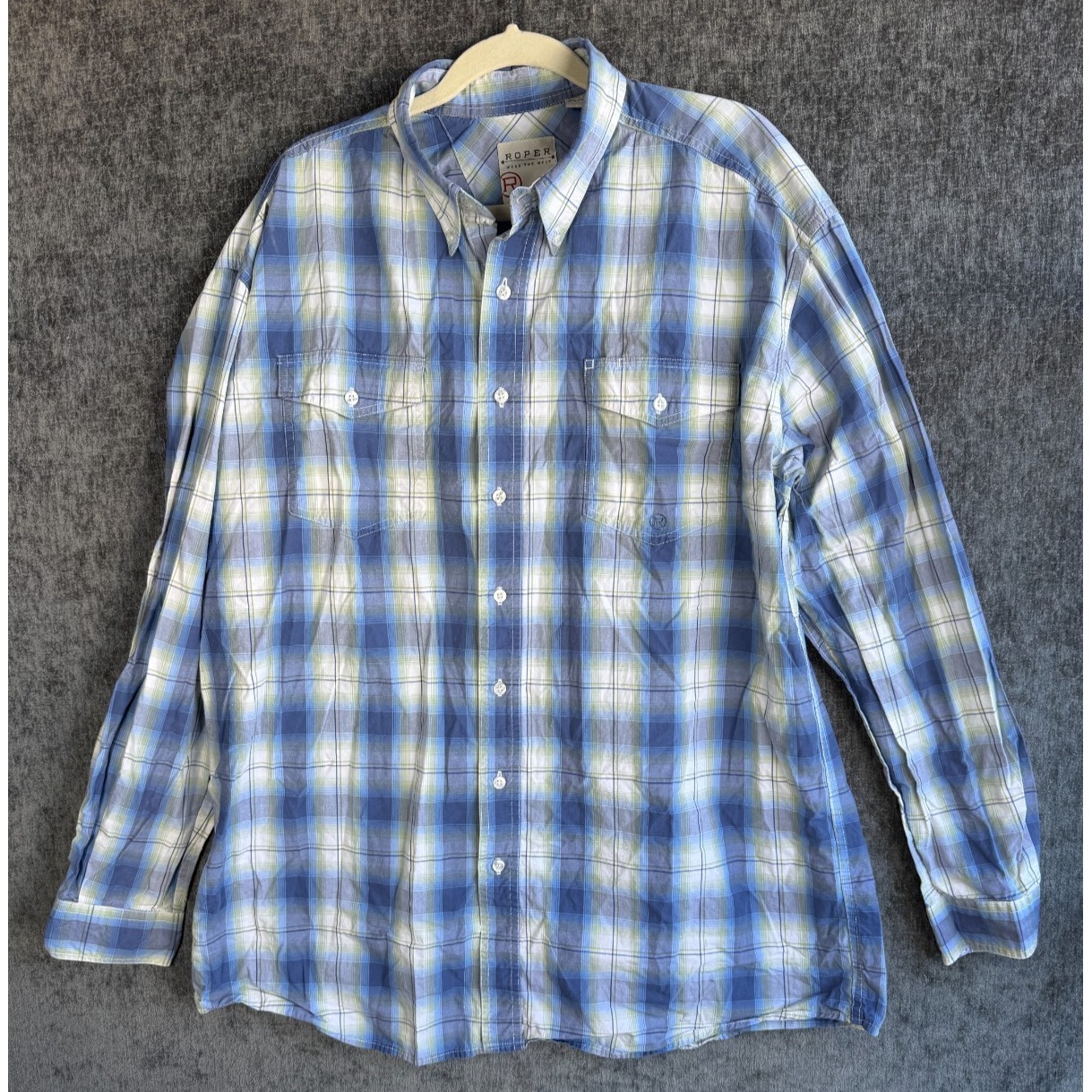 Roper Men's Blue Plaid Western Button Up Shirt Xlt Long Sleeve Tall Cowboy